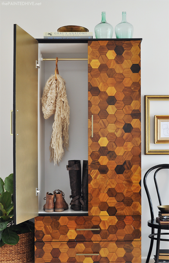 DIY Hexagon Armoire Interior with a Pop of Gold | The Painted Hive